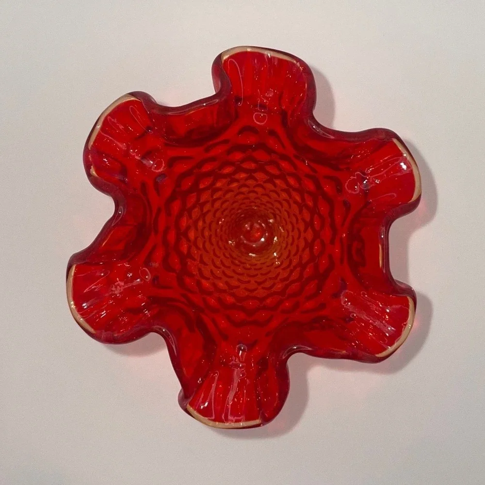 VTG Fenton Amberina Hobnail Glass Vase Red Orange Yellow Ruffled Edge Footed 4